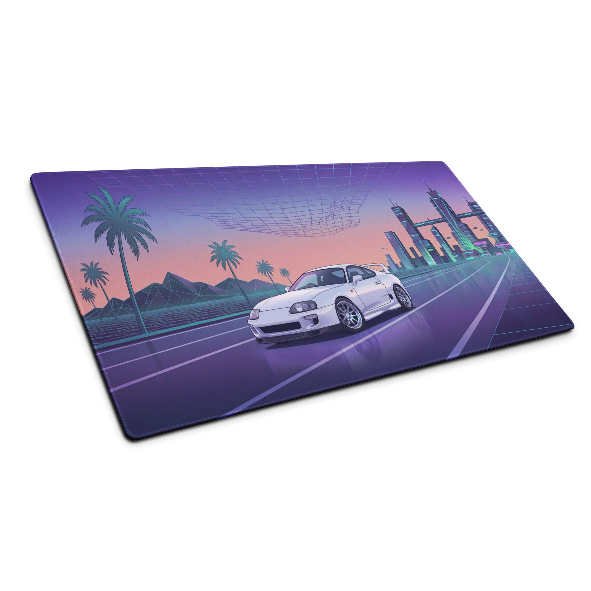 Toyota Supra MK4 A80 Inspired White Purple Vaporwave Gaming Mouse Pad, Neon JDM Sports Car Desk Mat with Retro Futuristic City Road Artwork