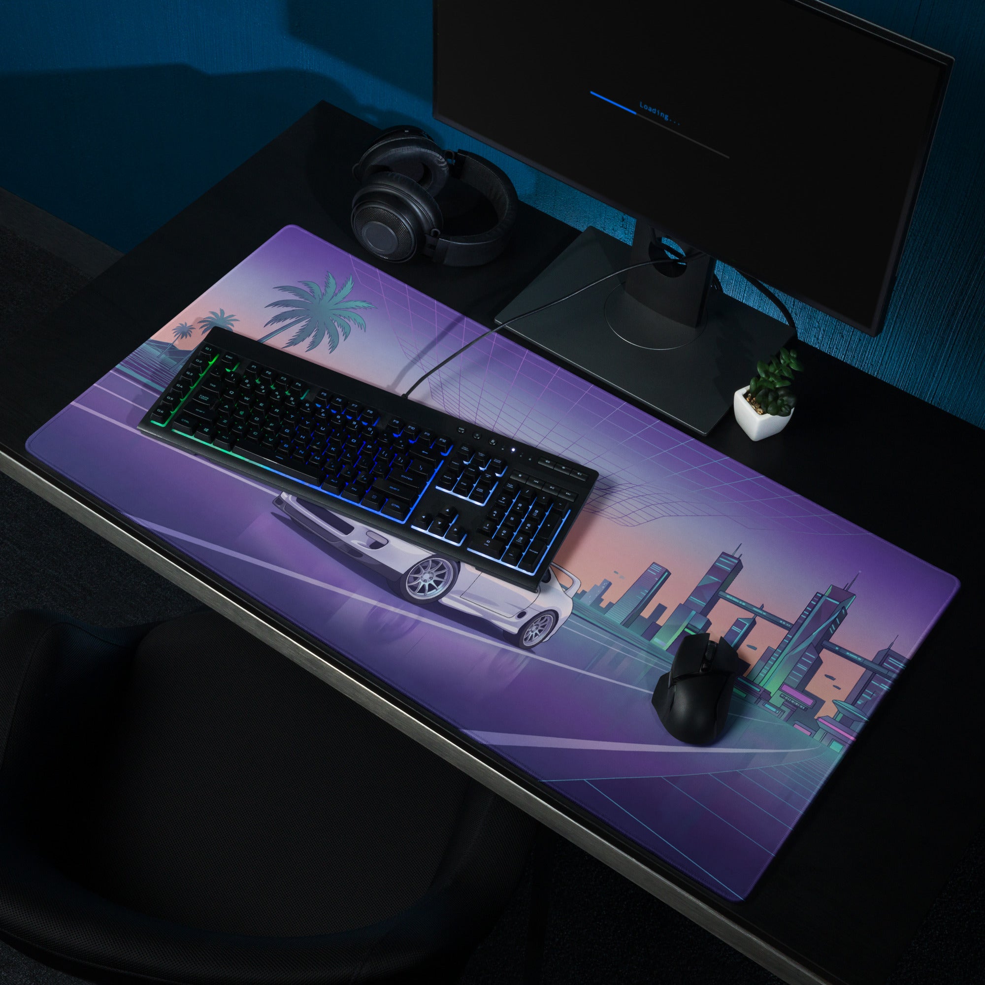 Toyota Supra MK4 A80 Inspired White Purple Vaporwave Gaming Mouse Pad, Neon JDM Sports Car Desk Mat with Retro Futuristic City Road Artwork