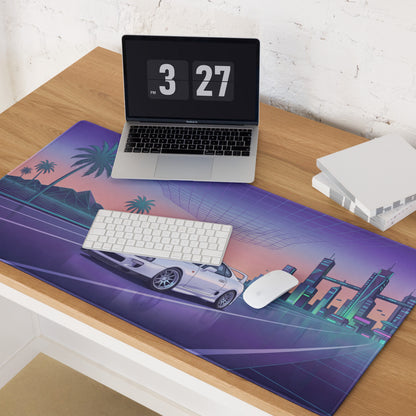 Toyota Supra MK4 A80 Inspired White Purple Vaporwave Gaming Mouse Pad, Neon JDM Sports Car Desk Mat with Retro Futuristic City Road Artwork