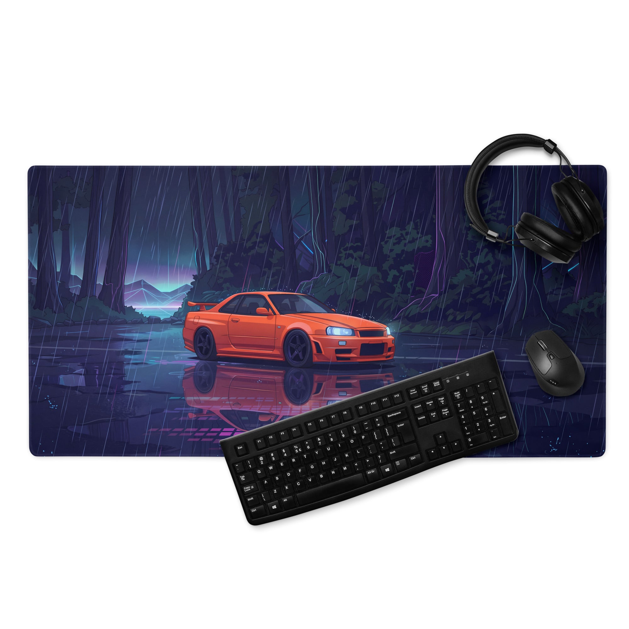 Nissan Skyline GT-R R34 Inspired Orange Blue Vaporwave Gaming Mouse Pad, Neon JDM Sports Car Desk Mat with Cyberpunk Rainforest Artwork