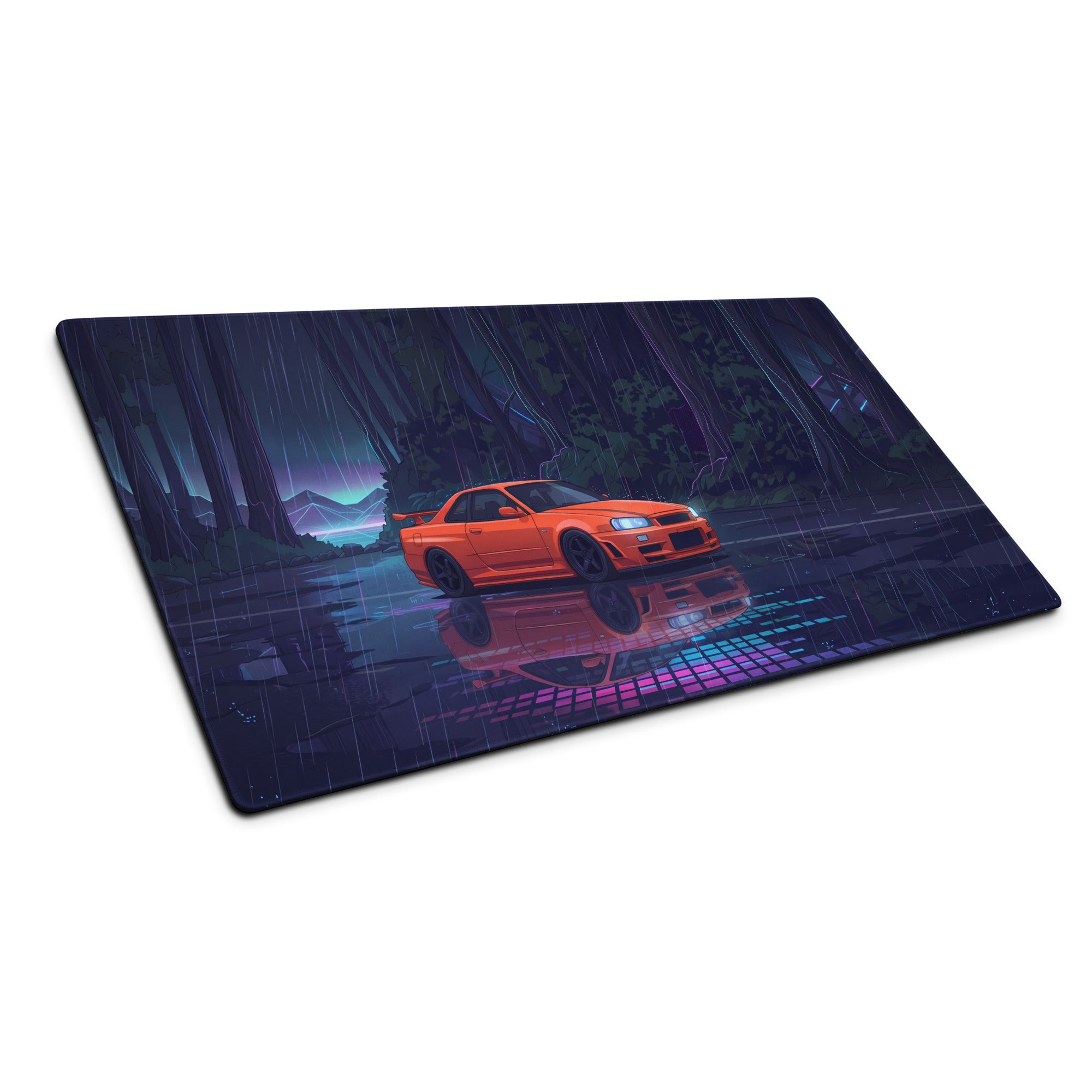 Nissan Skyline GT-R R34 Inspired Orange Blue Vaporwave Gaming Mouse Pad, Neon JDM Sports Car Desk Mat with Cyberpunk Rainforest Artwork