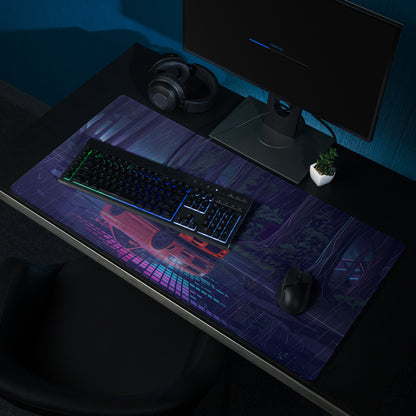 Nissan Skyline GT-R R34 Inspired Orange Blue Vaporwave Gaming Mouse Pad, Neon JDM Sports Car Desk Mat with Cyberpunk Rainforest Artwork
