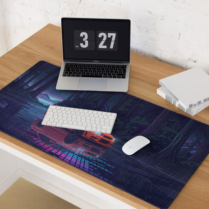 Nissan Skyline GT-R R34 Inspired Orange Blue Vaporwave Gaming Mouse Pad, Neon JDM Sports Car Desk Mat with Cyberpunk Rainforest Artwork