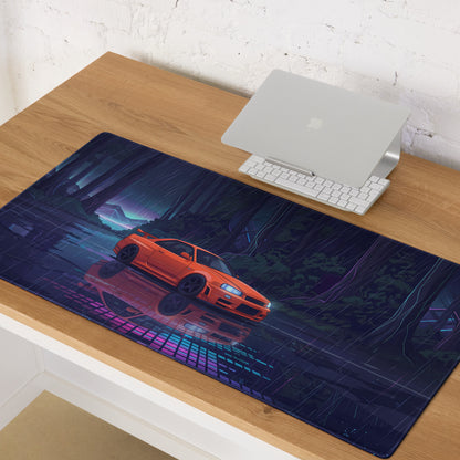 Nissan Skyline GT-R R34 Inspired Orange Blue Vaporwave Gaming Mouse Pad, Neon JDM Sports Car Desk Mat with Cyberpunk Rainforest Artwork