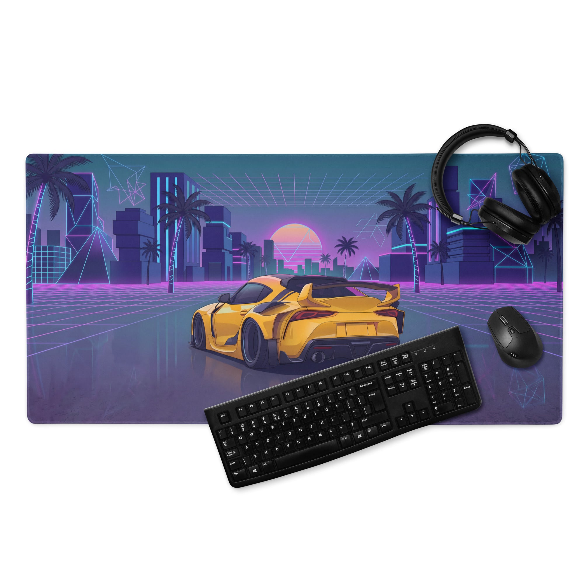 Toyota GR Supra A90 Inspired Yellow Purple Vaporwave Gaming Mouse Pad, Neon JDM Sports Car Desk Mat with Retro Futuristic Palm City Artwork