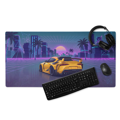 Toyota GR Supra A90 Inspired Yellow Purple Vaporwave Gaming Mouse Pad, Neon JDM Sports Car Desk Mat with Retro Futuristic Palm City Artwork