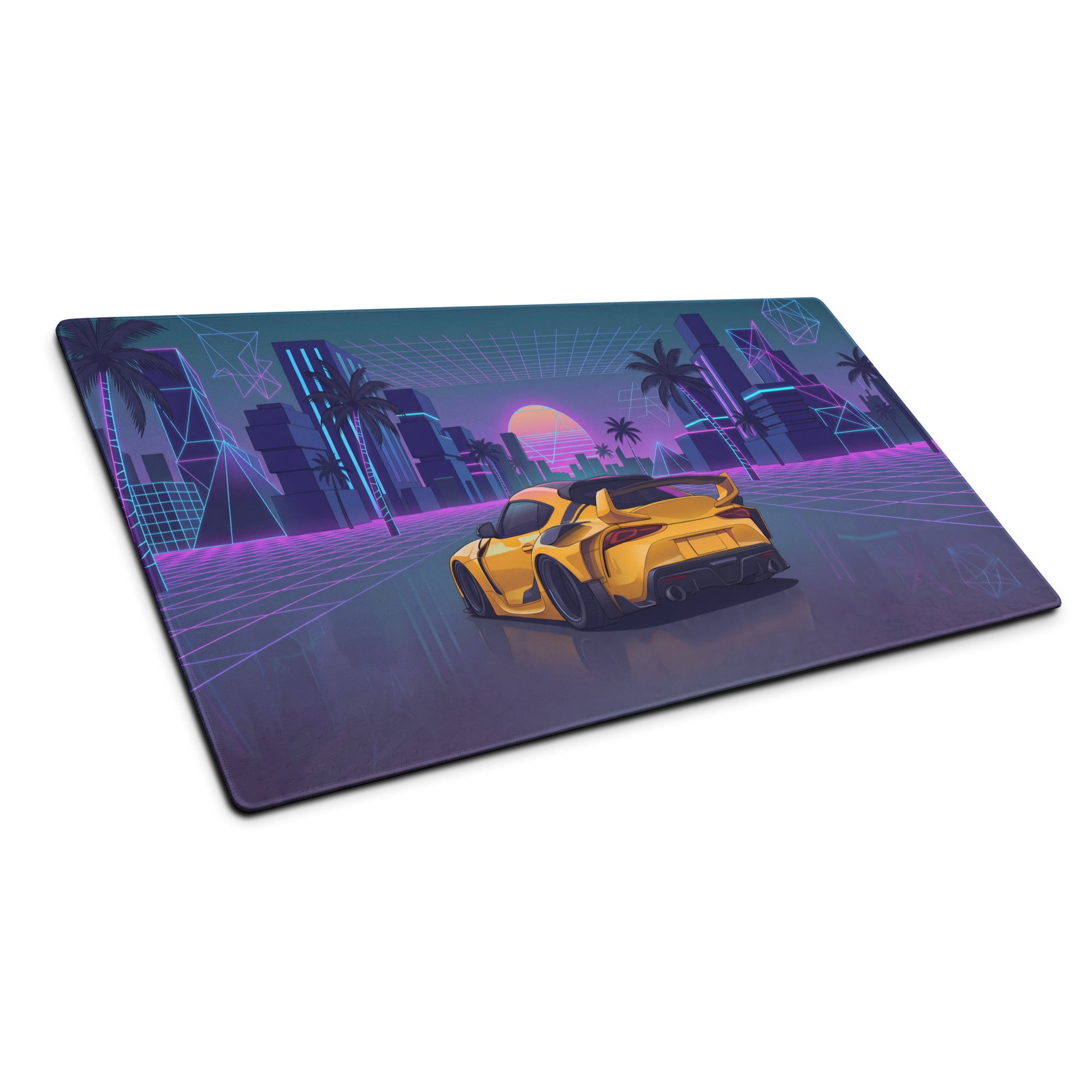 Toyota GR Supra A90 Inspired Yellow Purple Vaporwave Gaming Mouse Pad, Neon JDM Sports Car Desk Mat with Retro Futuristic Palm City Artwork