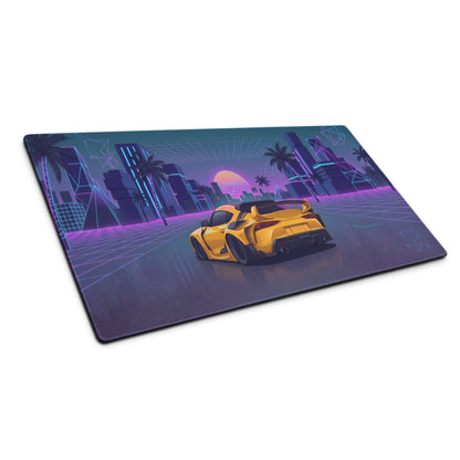 Toyota GR Supra A90 Inspired Yellow Purple Vaporwave Gaming Mouse Pad, Neon JDM Sports Car Desk Mat with Retro Futuristic Palm City Artwork