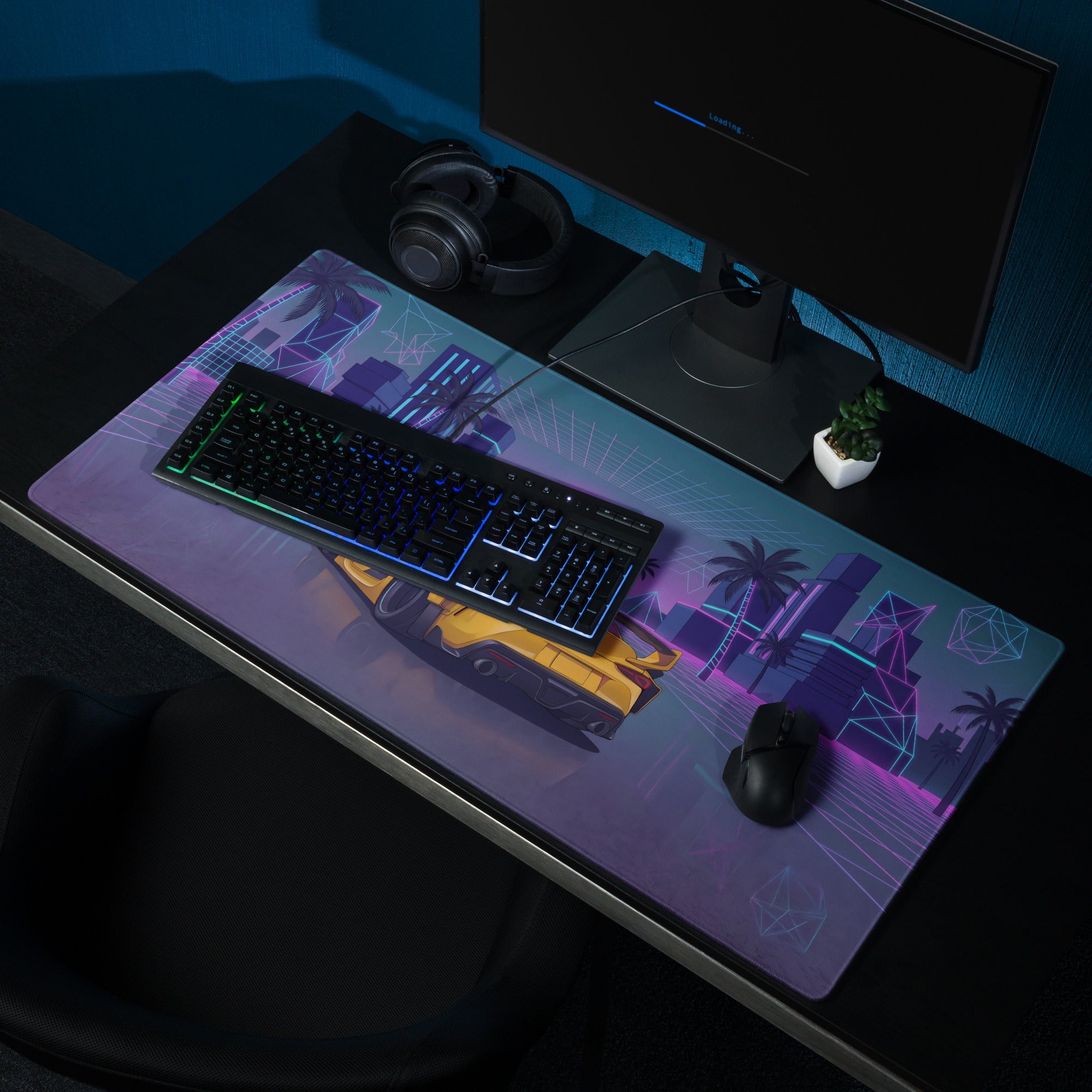 Toyota GR Supra A90 Inspired Yellow Purple Vaporwave Gaming Mouse Pad, Neon JDM Sports Car Desk Mat with Retro Futuristic Palm City Artwork