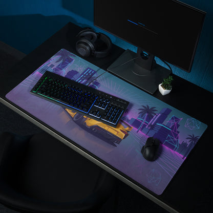 Toyota GR Supra A90 Inspired Yellow Purple Vaporwave Gaming Mouse Pad, Neon JDM Sports Car Desk Mat with Retro Futuristic Palm City Artwork