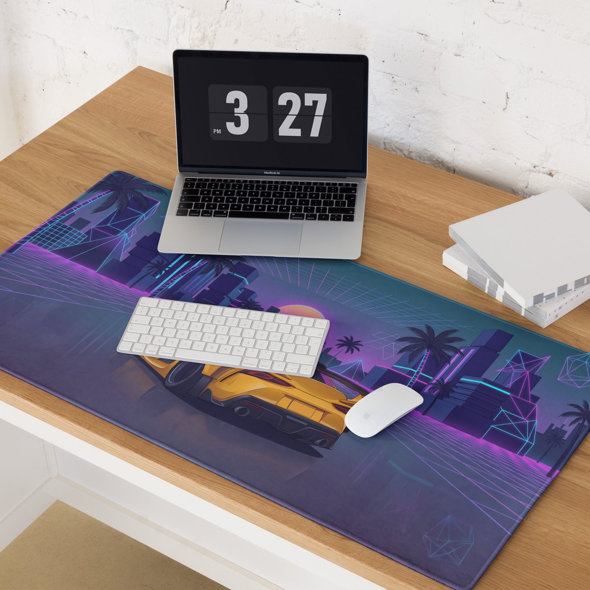 Toyota GR Supra A90 Inspired Yellow Purple Vaporwave Gaming Mouse Pad, Neon JDM Sports Car Desk Mat with Retro Futuristic Palm City Artwork