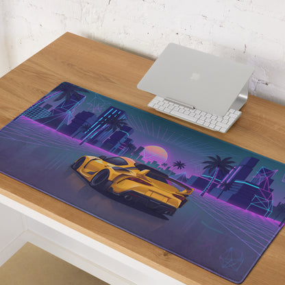 Toyota GR Supra A90 Inspired Yellow Purple Vaporwave Gaming Mouse Pad, Neon JDM Sports Car Desk Mat with Retro Futuristic Palm City Artwork