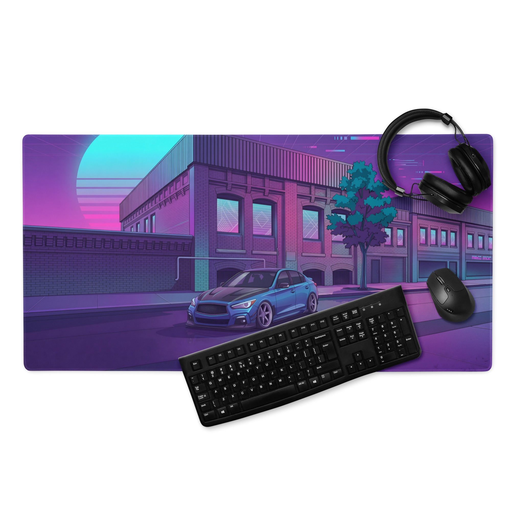 Infiniti Q50 Inspired Blue Purple Vaporwave Gaming Mouse Pad, Neon Japanese Luxury Sports Sedan Desk Mat with Retro Futuristic City Artwork