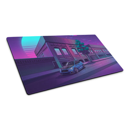 Infiniti Q50 Inspired Blue Purple Vaporwave Gaming Mouse Pad, Neon Japanese Luxury Sports Sedan Desk Mat with Retro Futuristic City Artwork