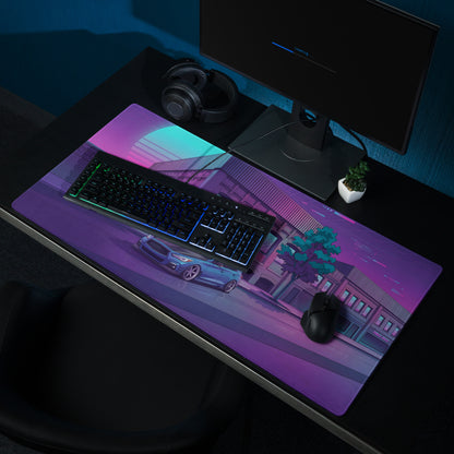 Infiniti Q50 Inspired Blue Purple Vaporwave Gaming Mouse Pad, Neon Japanese Luxury Sports Sedan Desk Mat with Retro Futuristic City Artwork