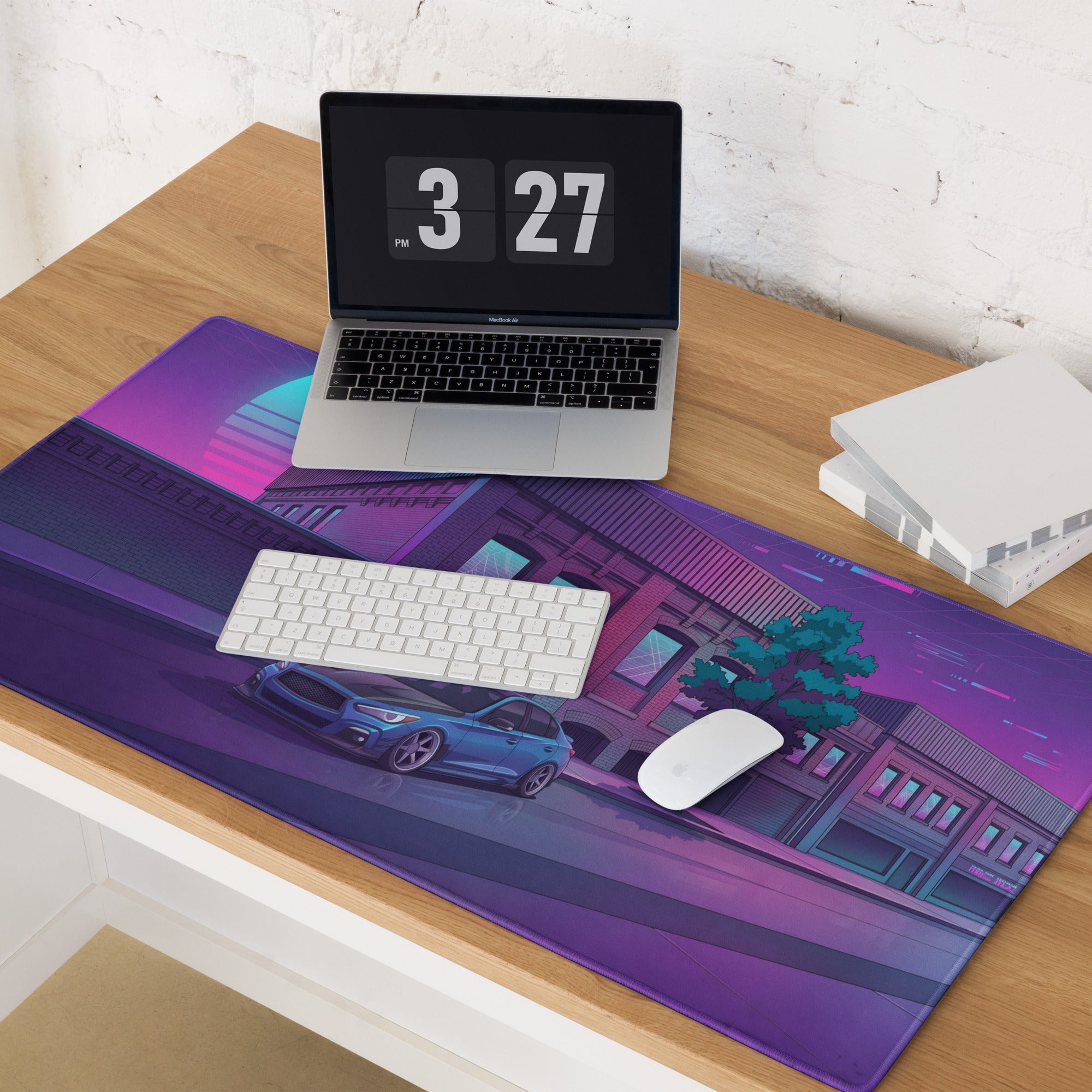 Infiniti Q50 Inspired Blue Purple Vaporwave Gaming Mouse Pad, Neon Japanese Luxury Sports Sedan Desk Mat with Retro Futuristic City Artwork
