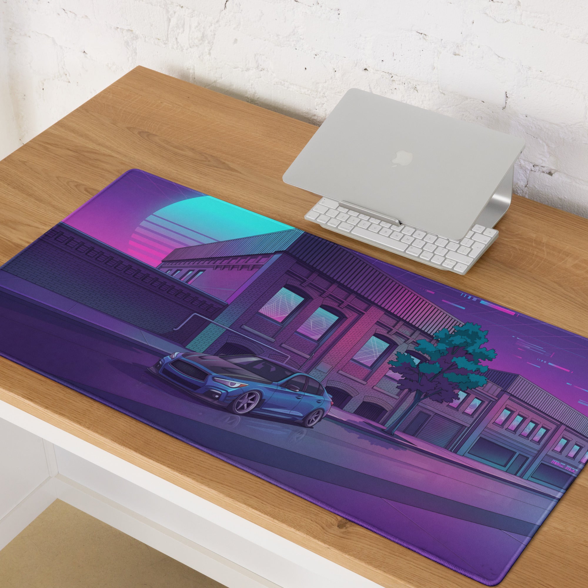 Infiniti Q50 Inspired Blue Purple Vaporwave Gaming Mouse Pad, Neon Japanese Luxury Sports Sedan Desk Mat with Retro Futuristic City Artwork