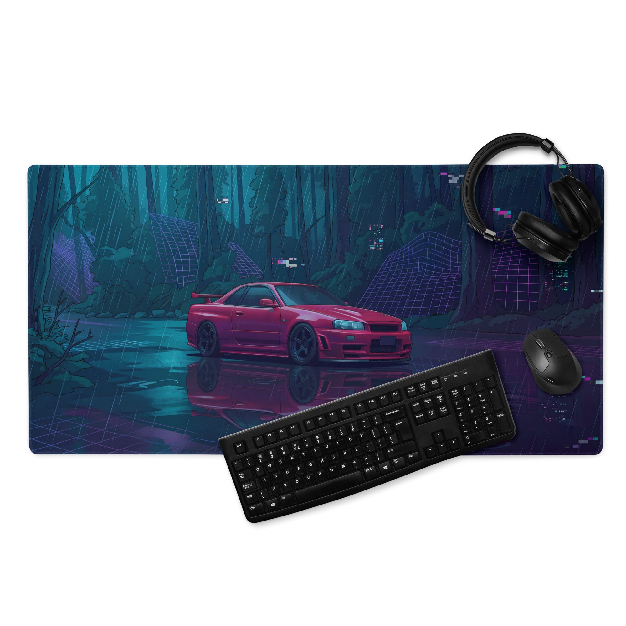 Nissan Skyline GT-R R34 Inspired Red Blue Vaporwave Gaming Mouse Pad, Neon JDM Sports Car Desk Mat with Cyberpunk Rainforest Artwork