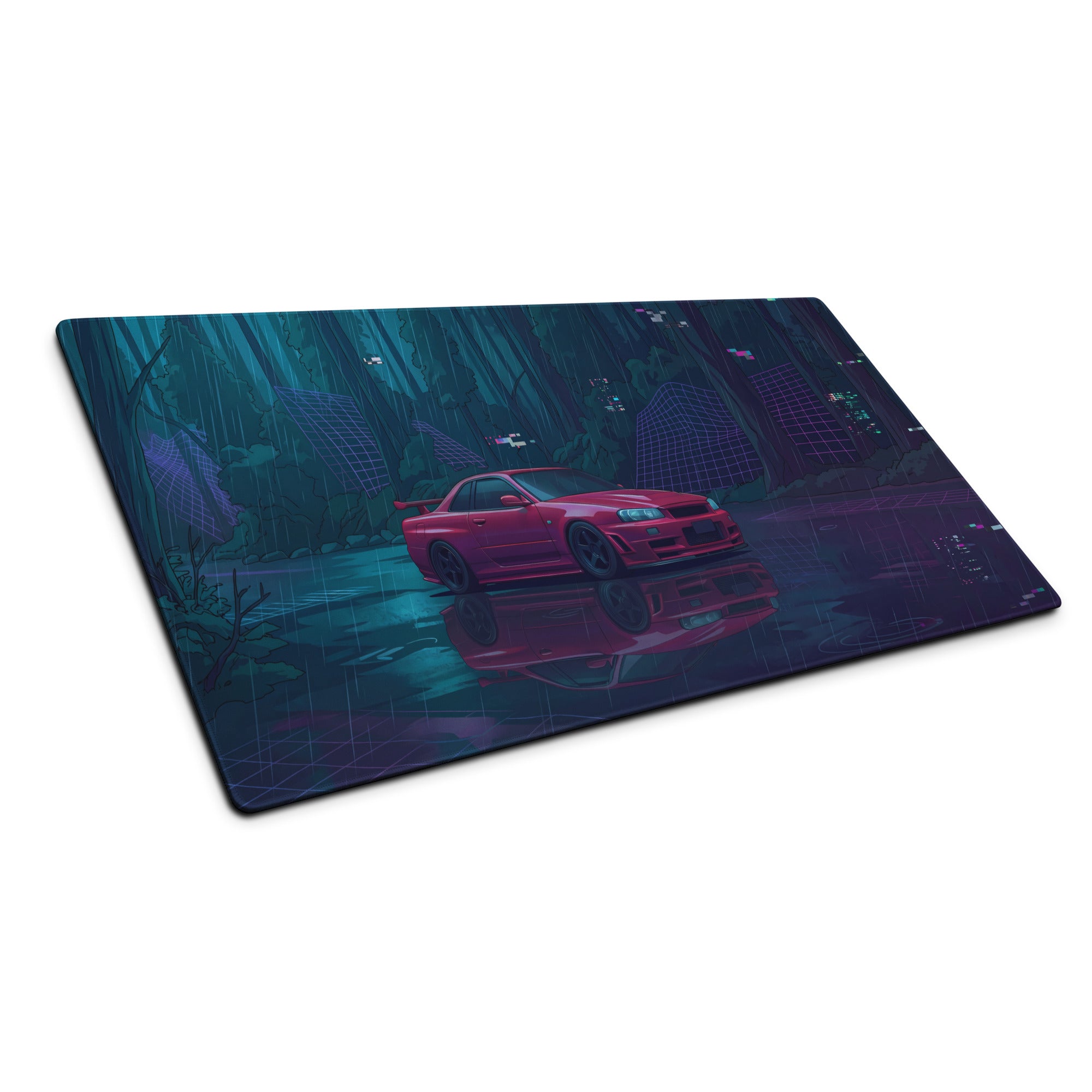 Nissan Skyline GT-R R34 Inspired Red Blue Vaporwave Gaming Mouse Pad, Neon JDM Sports Car Desk Mat with Cyberpunk Rainforest Artwork