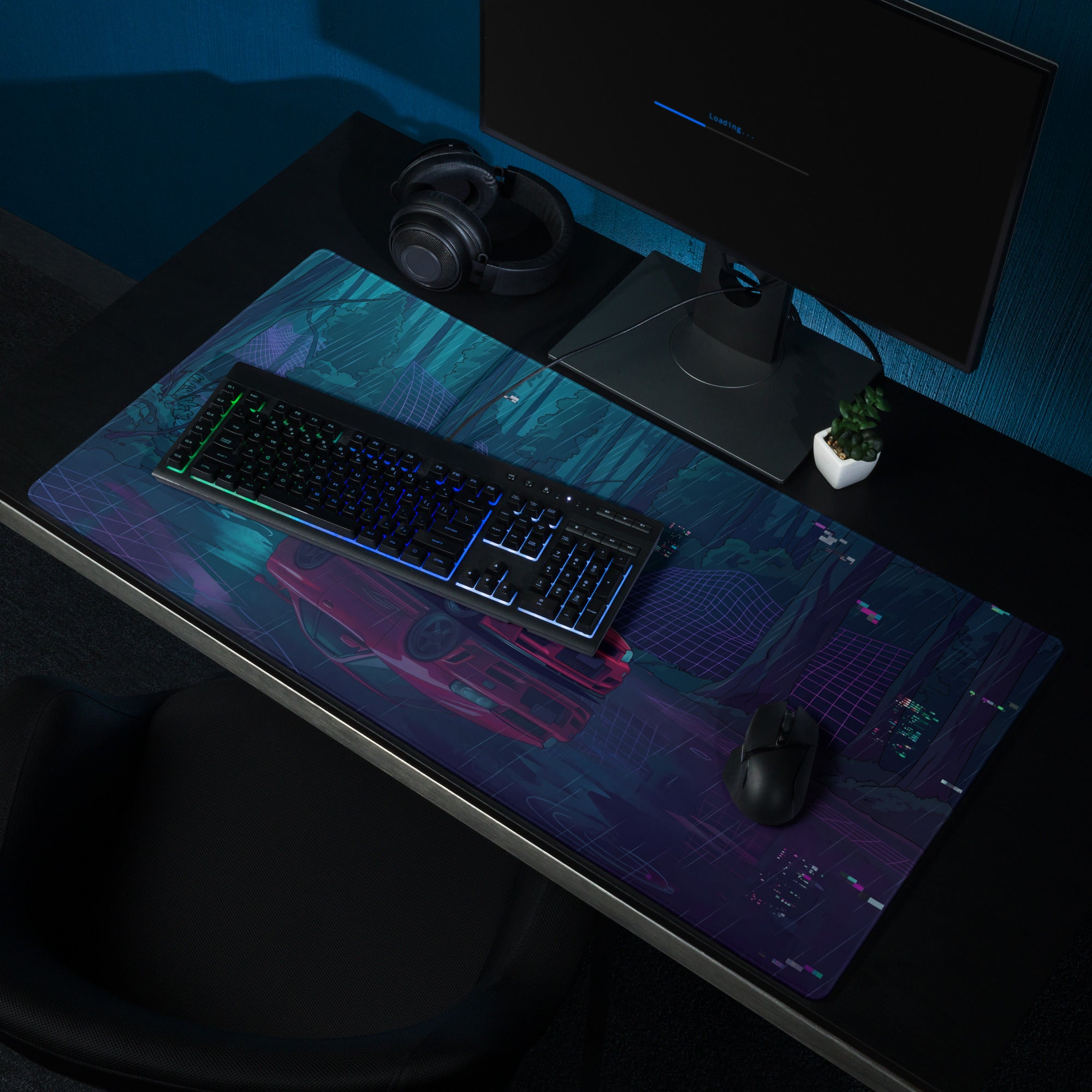 Nissan Skyline GT-R R34 Inspired Red Blue Vaporwave Gaming Mouse Pad, Neon JDM Sports Car Desk Mat with Cyberpunk Rainforest Artwork