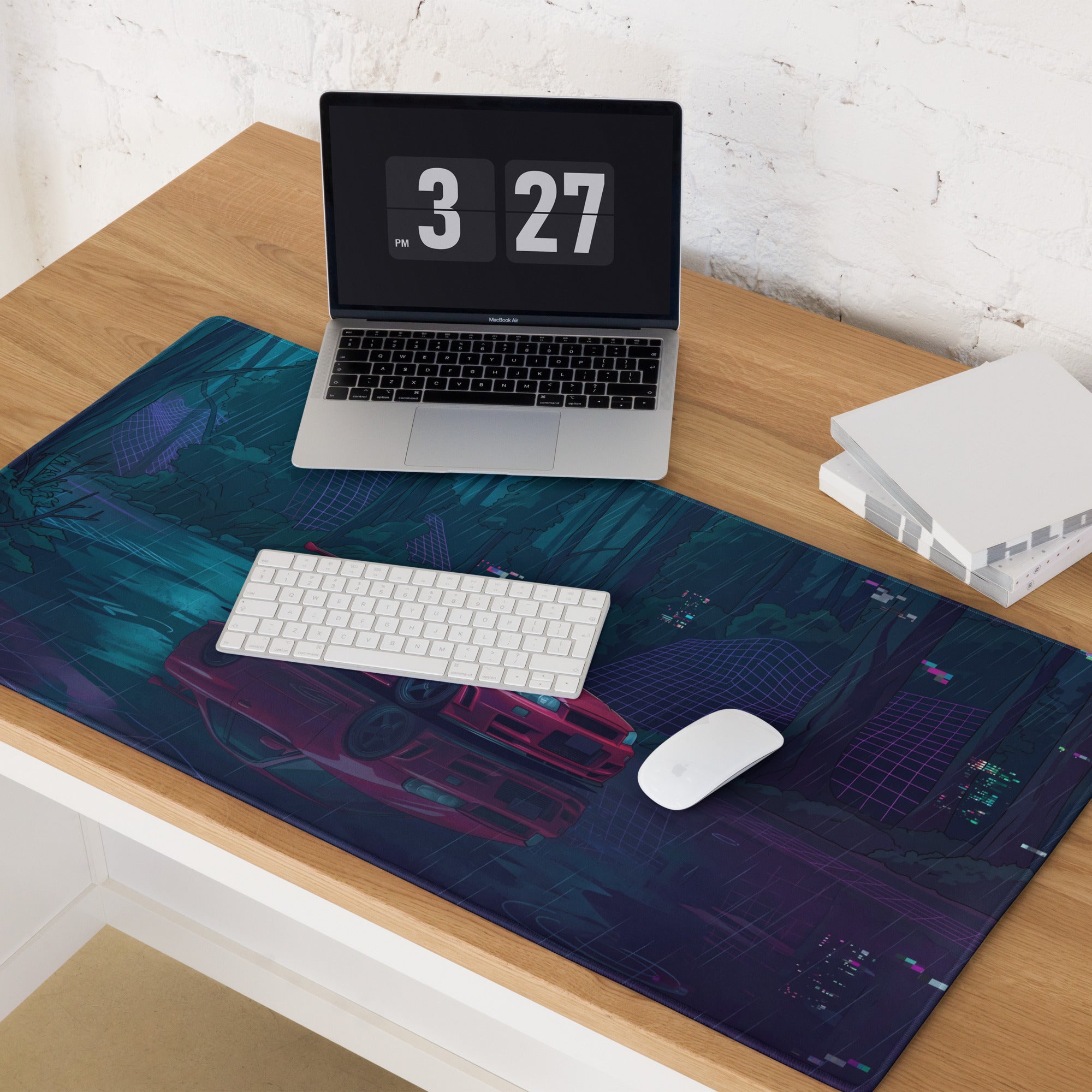 Nissan Skyline GT-R R34 Inspired Red Blue Vaporwave Gaming Mouse Pad, Neon JDM Sports Car Desk Mat with Cyberpunk Rainforest Artwork