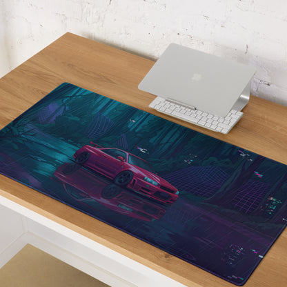 Nissan Skyline GT-R R34 Inspired Red Blue Vaporwave Gaming Mouse Pad, Neon JDM Sports Car Desk Mat with Cyberpunk Rainforest Artwork