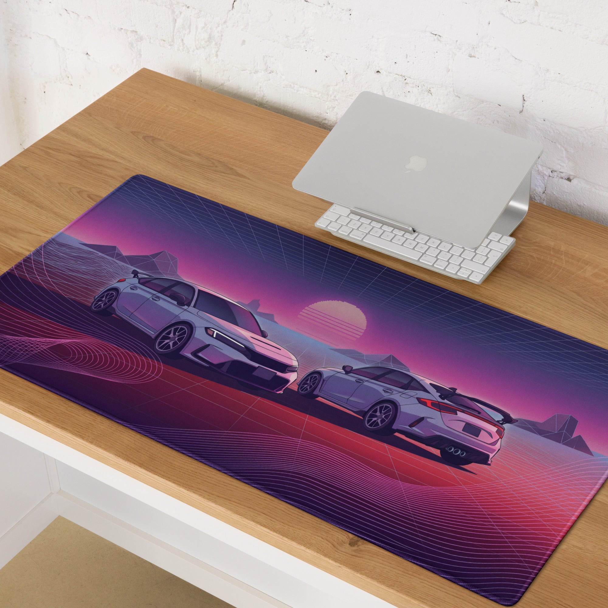Honda Civic Type R FL5 Inspired White Pink Vaporwave Gaming Mouse Pad, JDM Performance Car Desk Mat with Retro Futuristic Sunset Grid Artwork