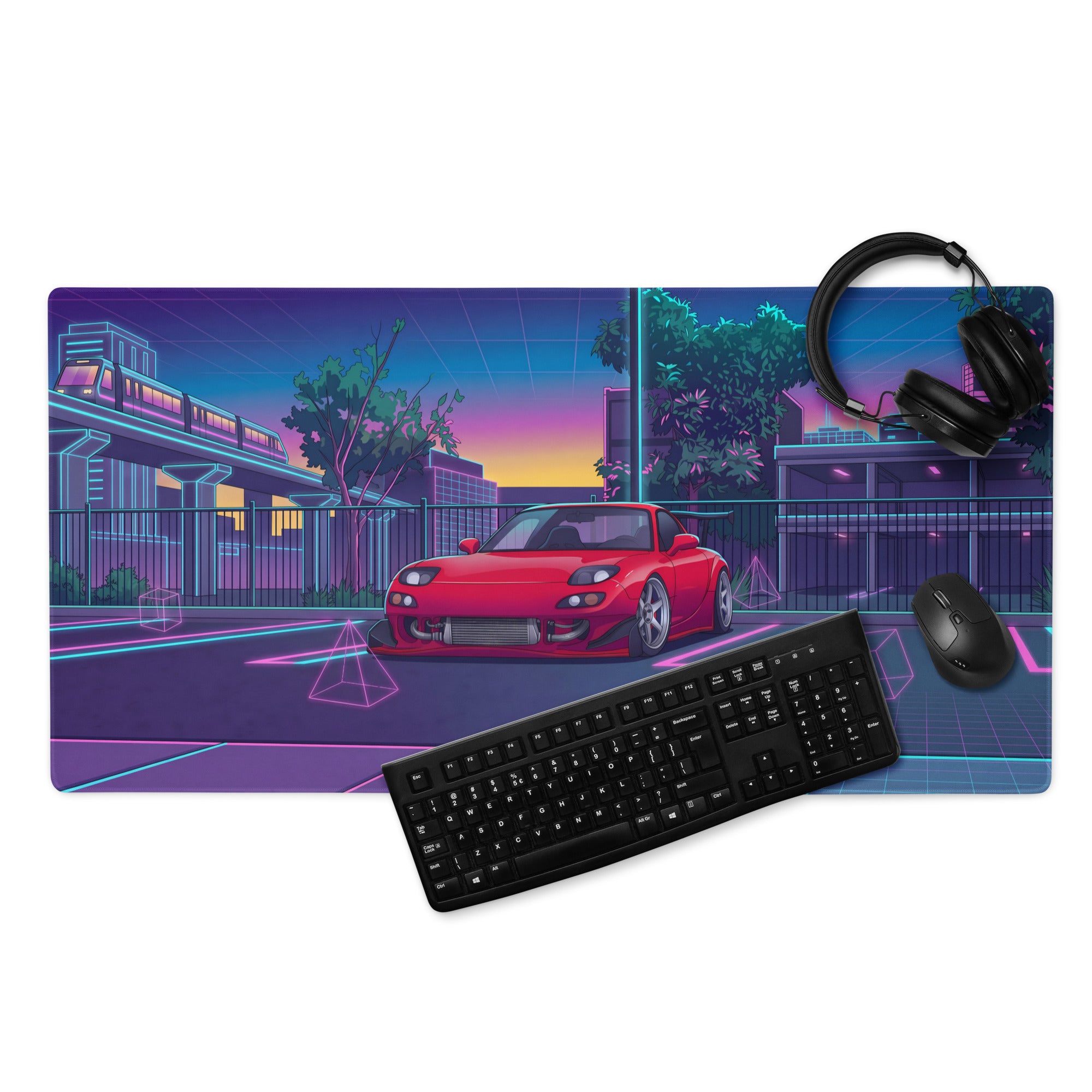 Mazda RX-7 FD Inspired Red Blue Vaporwave Gaming Mouse Pad, Neon JDM Sports Car Desk Mat with Retro Futuristic City Transit Artwork