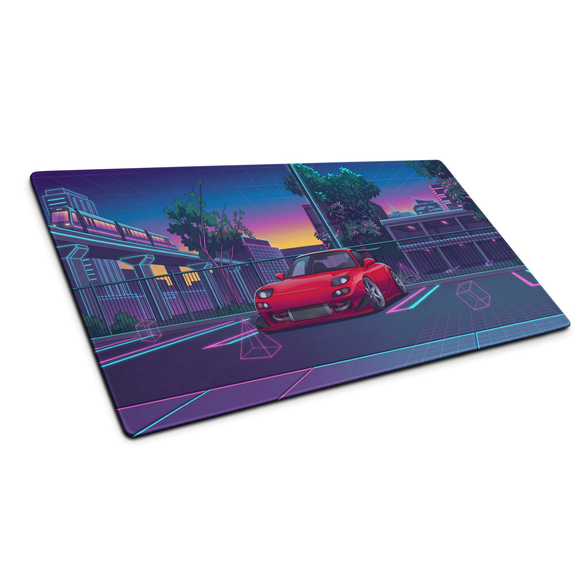 Mazda RX-7 FD Inspired Red Blue Vaporwave Gaming Mouse Pad, Neon JDM Sports Car Desk Mat with Retro Futuristic City Transit Artwork