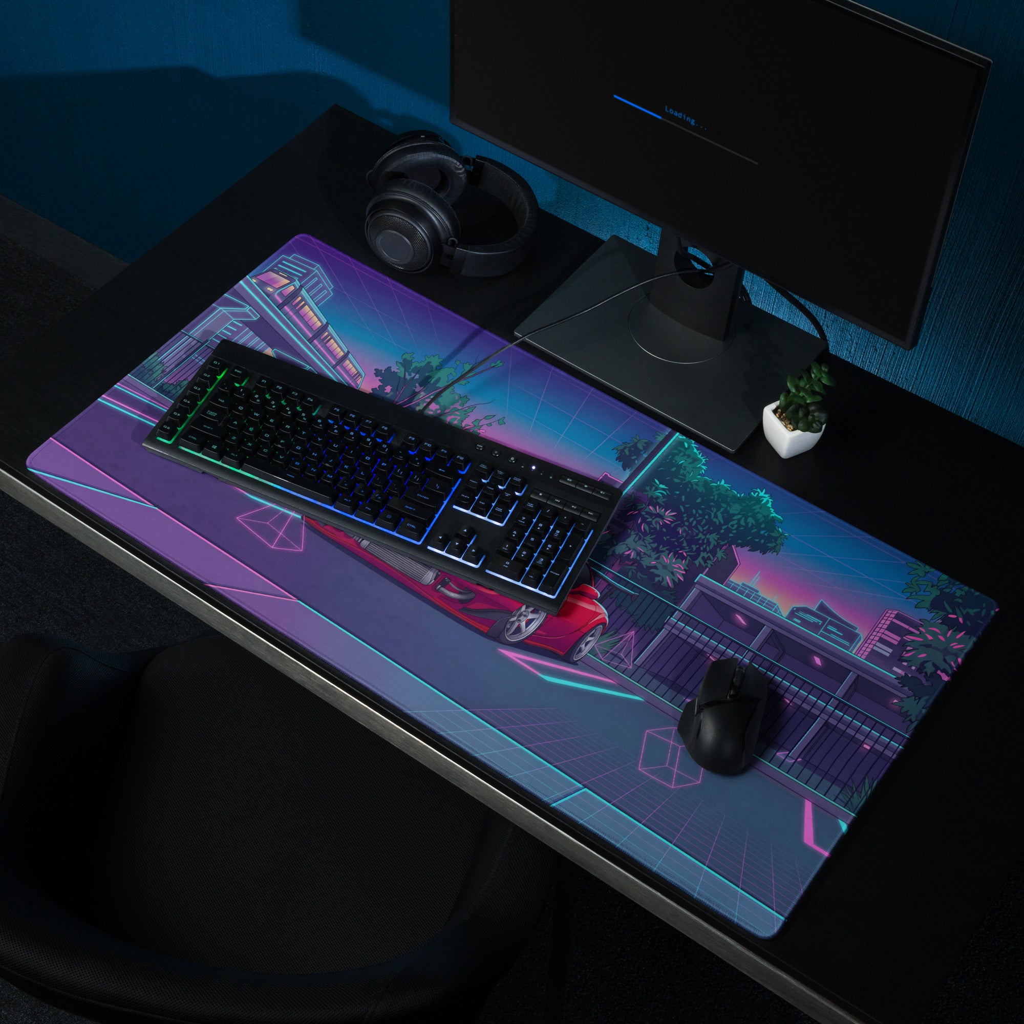 Mazda RX-7 FD Inspired Red Blue Vaporwave Gaming Mouse Pad, Neon JDM Sports Car Desk Mat with Retro Futuristic City Transit Artwork