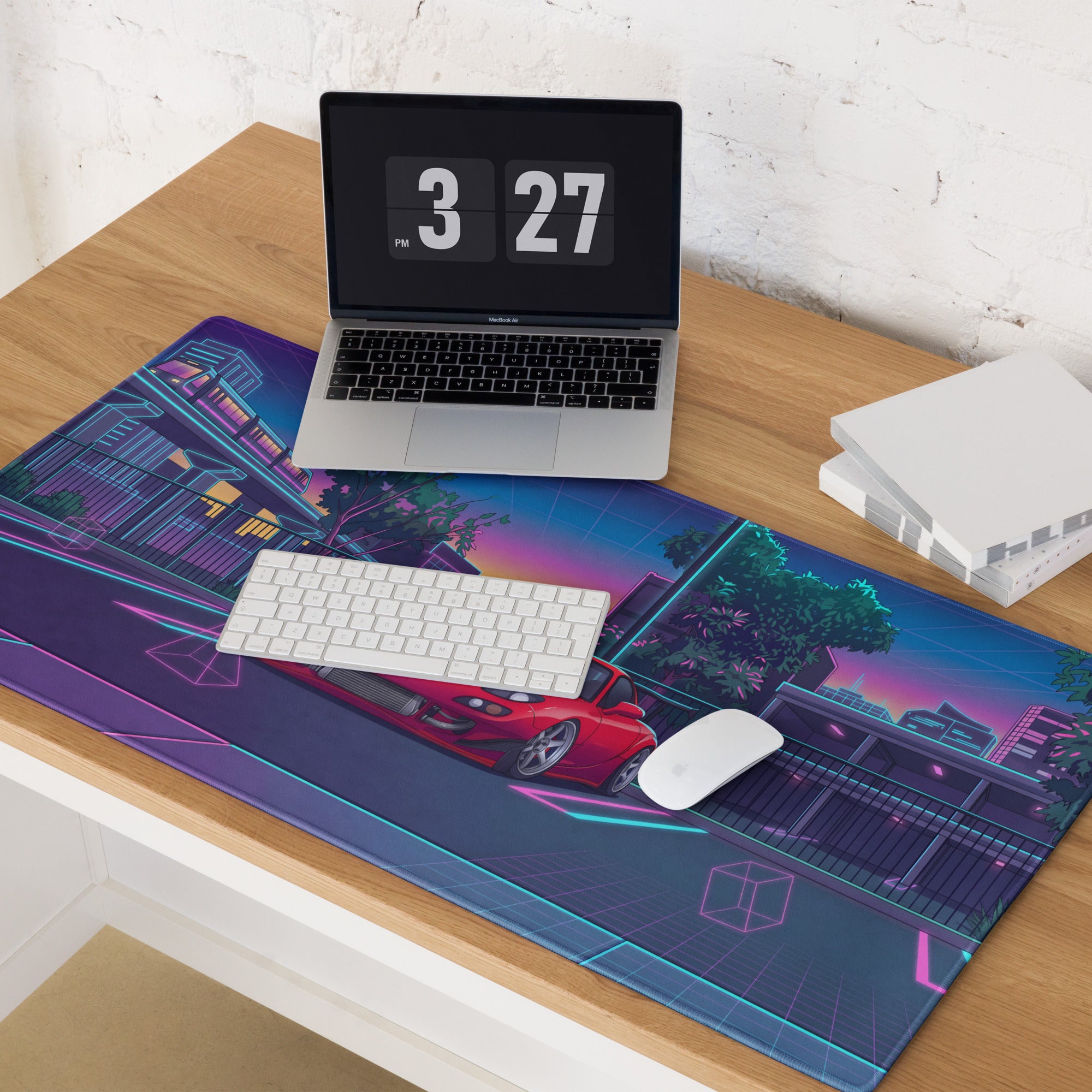 Mazda RX-7 FD Inspired Red Blue Vaporwave Gaming Mouse Pad, Neon JDM Sports Car Desk Mat with Retro Futuristic City Transit Artwork