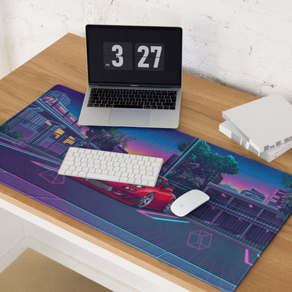 Mazda RX-7 FD Inspired Red Blue Vaporwave Gaming Mouse Pad, Neon JDM Sports Car Desk Mat with Retro Futuristic City Transit Artwork