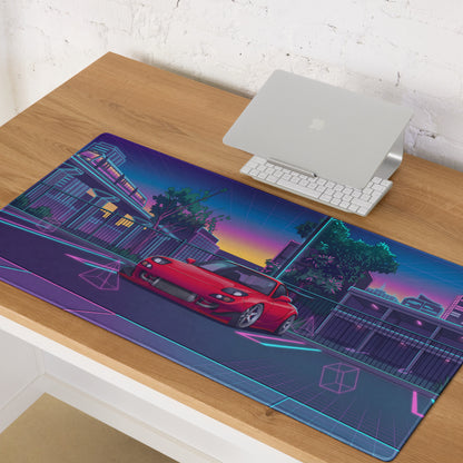 Mazda RX-7 FD Inspired Red Blue Vaporwave Gaming Mouse Pad, Neon JDM Sports Car Desk Mat with Retro Futuristic City Transit Artwork
