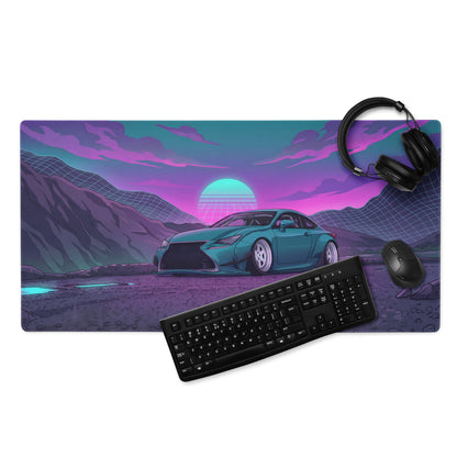 Lexus RC F Inspired Teal Purple Vaporwave Gaming Mouse Pad, Neon Japanese Luxury Sports Coupe Desk Mat with Retro Futuristic Mountain Sunset Artwork