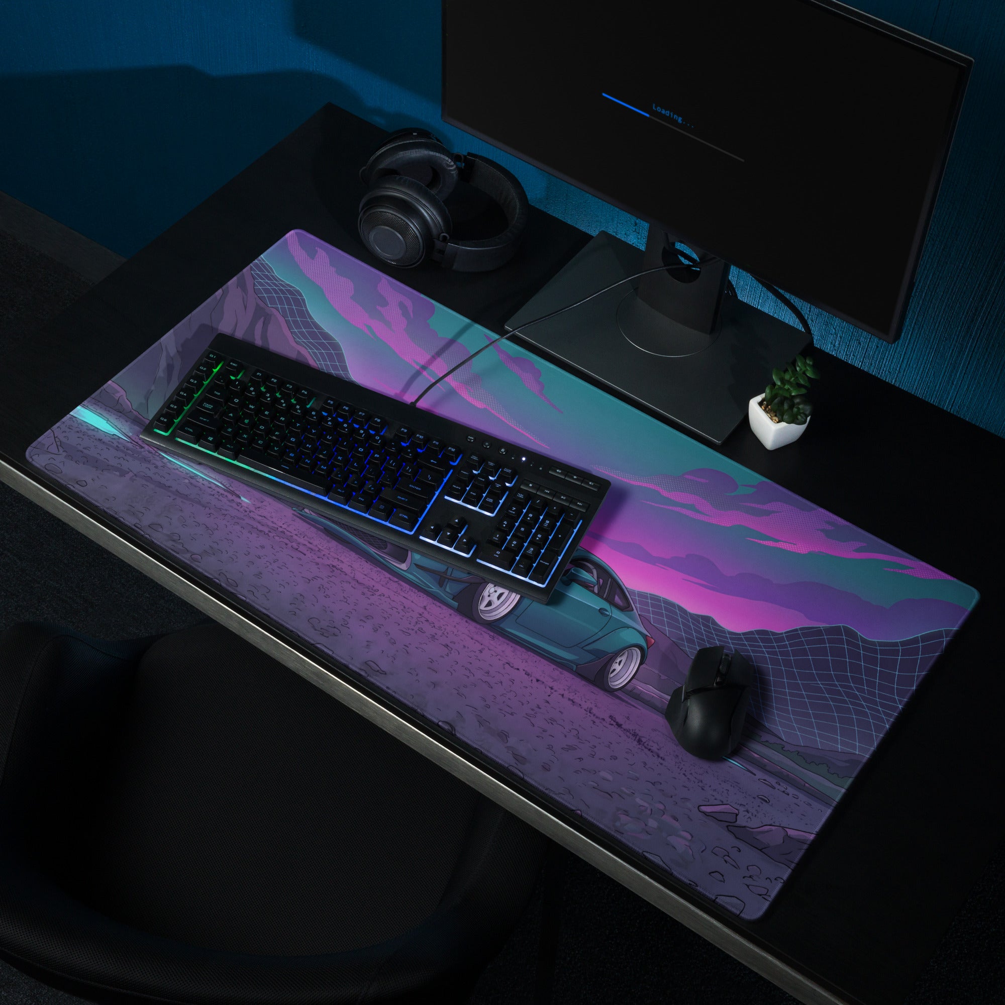 Lexus RC F Inspired Teal Purple Vaporwave Gaming Mouse Pad, Neon Japanese Luxury Sports Coupe Desk Mat with Retro Futuristic Mountain Sunset Artwork