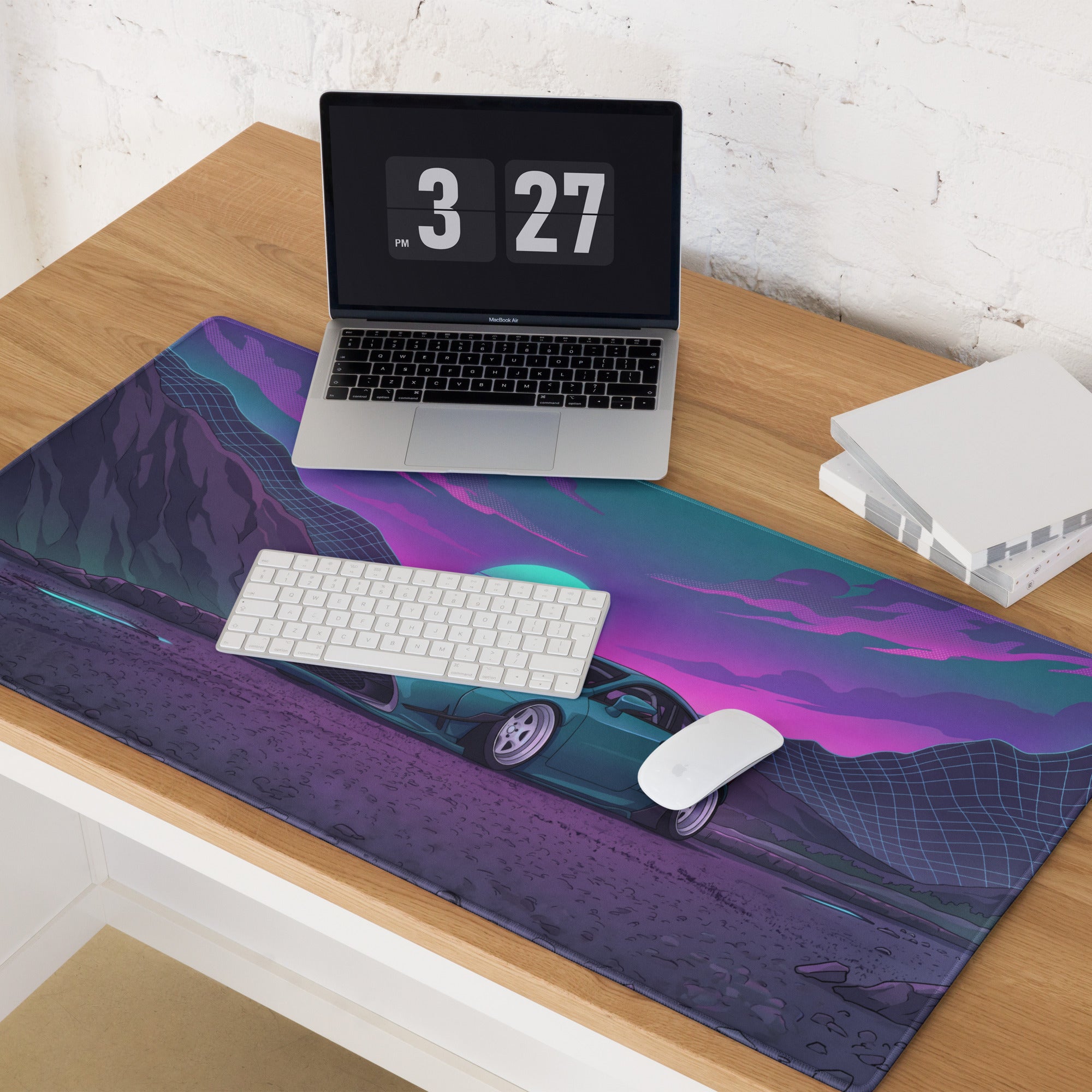 Lexus RC F Inspired Teal Purple Vaporwave Gaming Mouse Pad, Neon Japanese Luxury Sports Coupe Desk Mat with Retro Futuristic Mountain Sunset Artwork