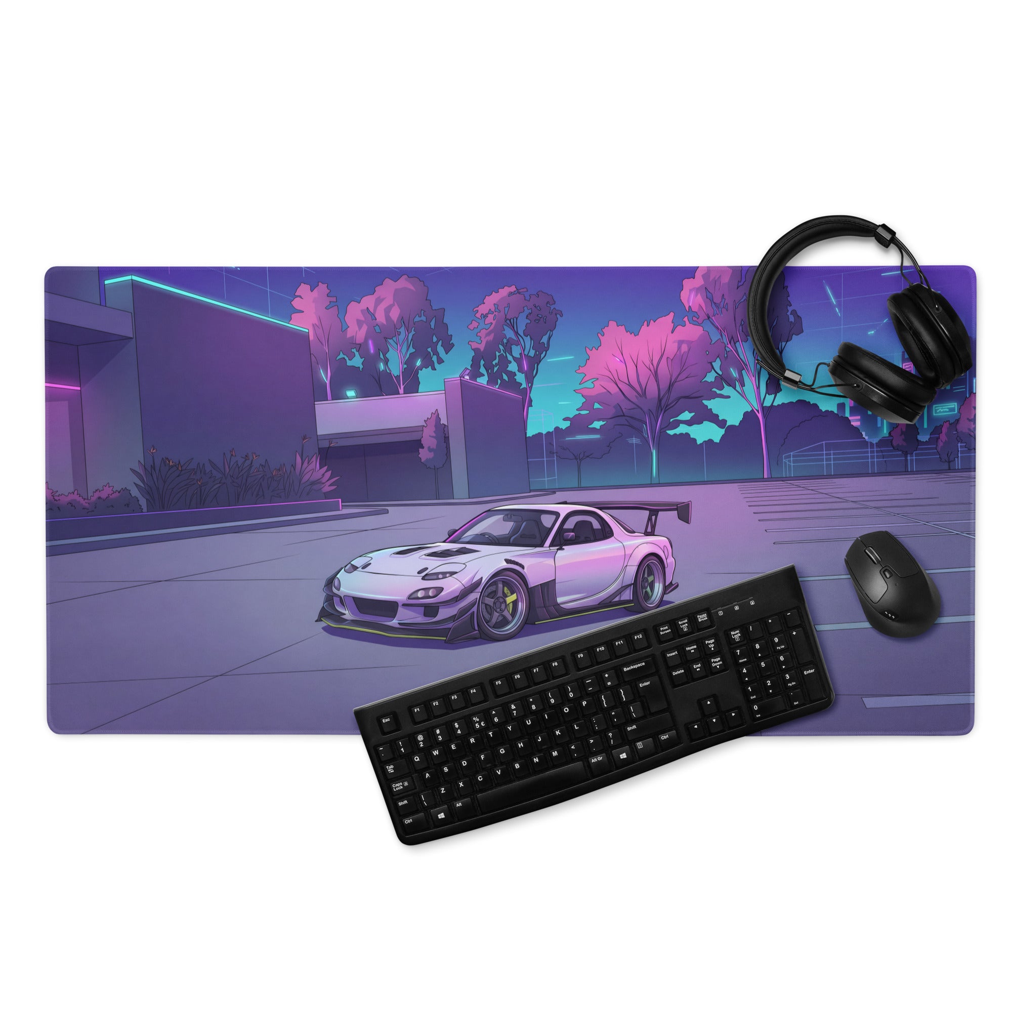 Mazda RX-7 FD Inspired White Purple Vaporwave Gaming Mouse Pad, Neon JDM Sports Car Desk Mat with Retro Futuristic City Park Artwork