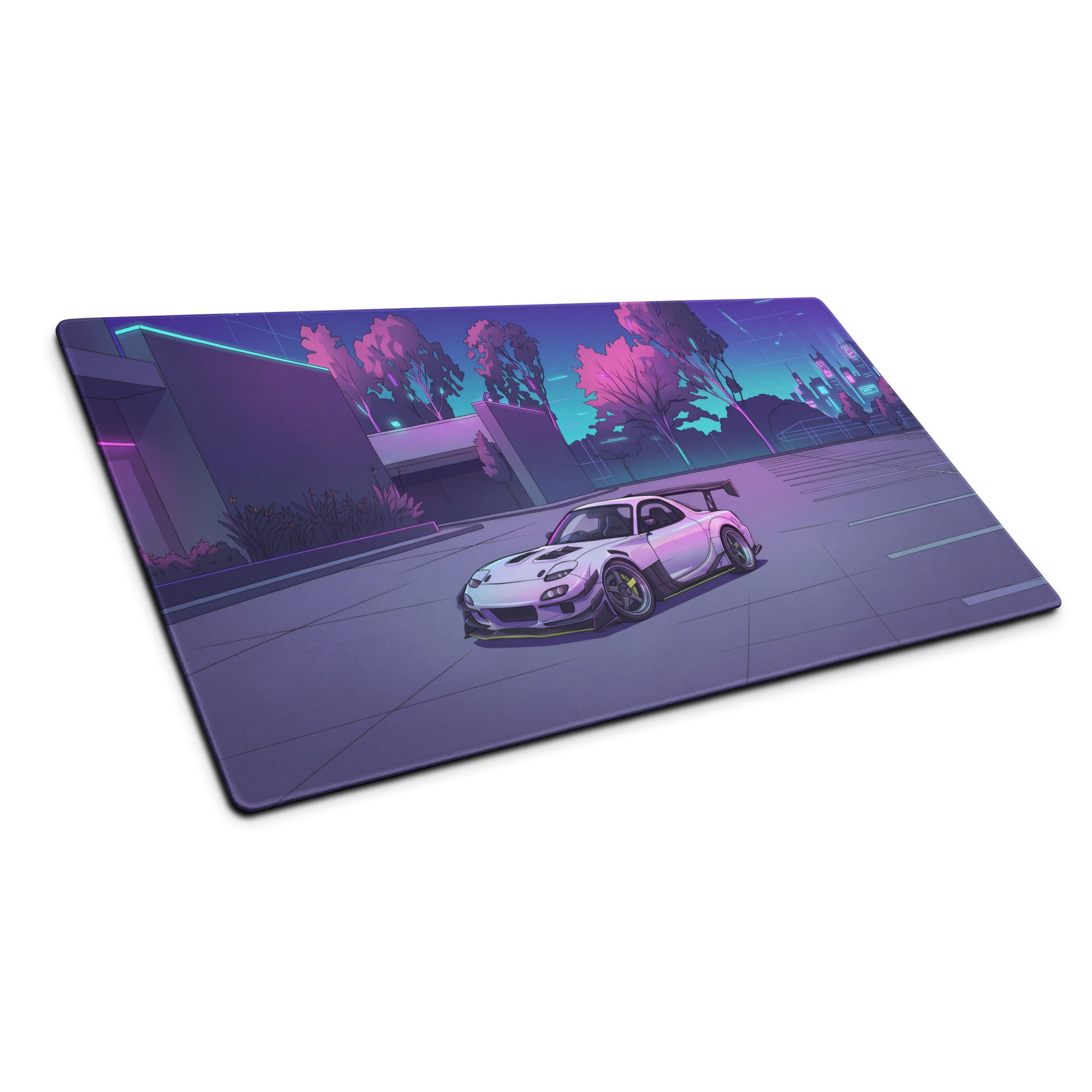 Mazda RX-7 FD Inspired White Purple Vaporwave Gaming Mouse Pad, Neon JDM Sports Car Desk Mat with Retro Futuristic City Park Artwork