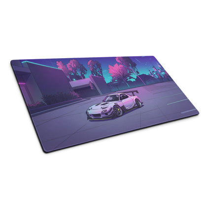 Mazda RX-7 FD Inspired White Purple Vaporwave Gaming Mouse Pad, Neon JDM Sports Car Desk Mat with Retro Futuristic City Park Artwork
