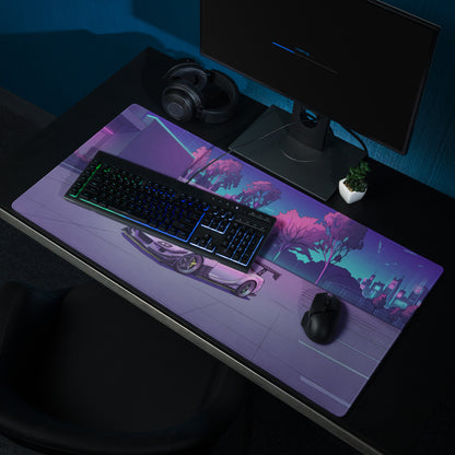 Mazda RX-7 FD Inspired White Purple Vaporwave Gaming Mouse Pad, Neon JDM Sports Car Desk Mat with Retro Futuristic City Park Artwork