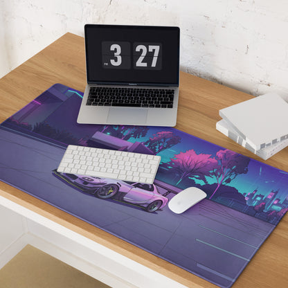 Mazda RX-7 FD Inspired White Purple Vaporwave Gaming Mouse Pad, Neon JDM Sports Car Desk Mat with Retro Futuristic City Park Artwork