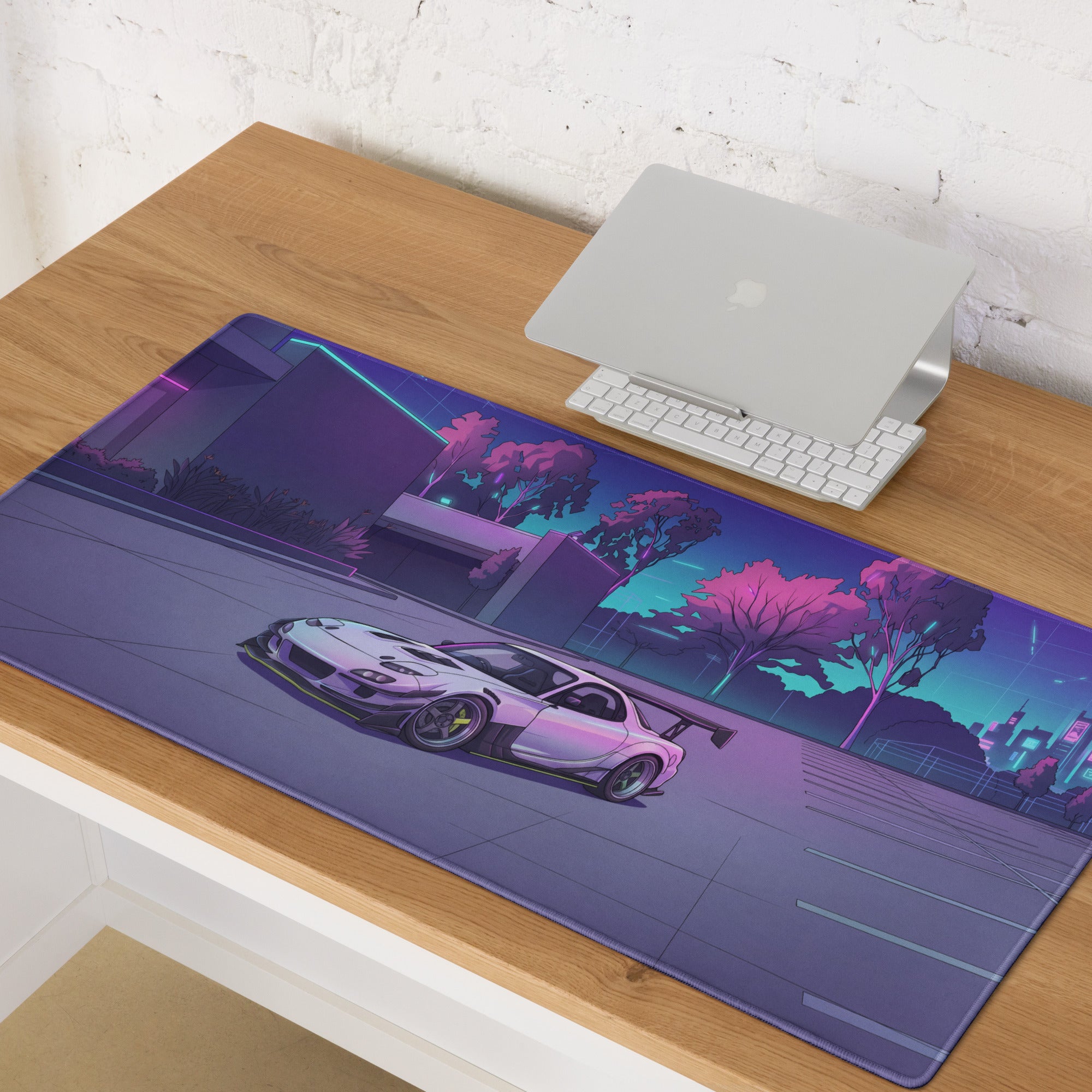 Mazda RX-7 FD Inspired White Purple Vaporwave Gaming Mouse Pad, Neon JDM Sports Car Desk Mat with Retro Futuristic City Park Artwork