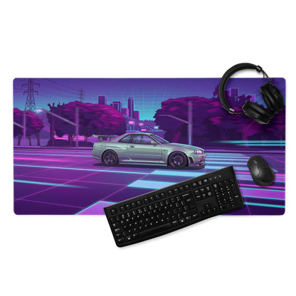 Nissan Skyline GT-R R34 Inspired Silver Purple Vaporwave Gaming Mouse Pad, Neon JDM Sports Car Desk Mat with Retro Futuristic City Grid Artwork