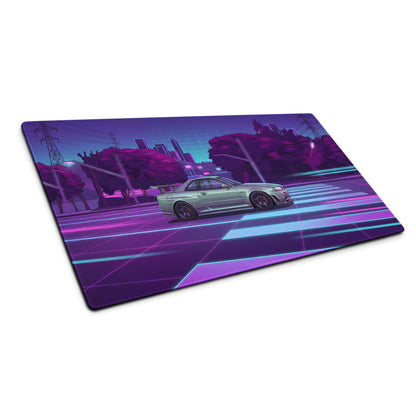 Nissan Skyline GT-R R34 Inspired Silver Purple Vaporwave Gaming Mouse Pad, Neon JDM Sports Car Desk Mat with Retro Futuristic City Grid Artwork