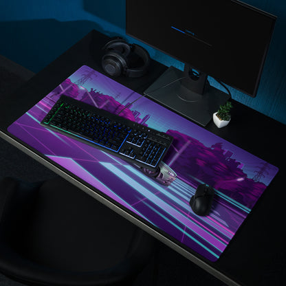 Nissan Skyline GT-R R34 Inspired Silver Purple Vaporwave Gaming Mouse Pad, Neon JDM Sports Car Desk Mat with Retro Futuristic City Grid Artwork
