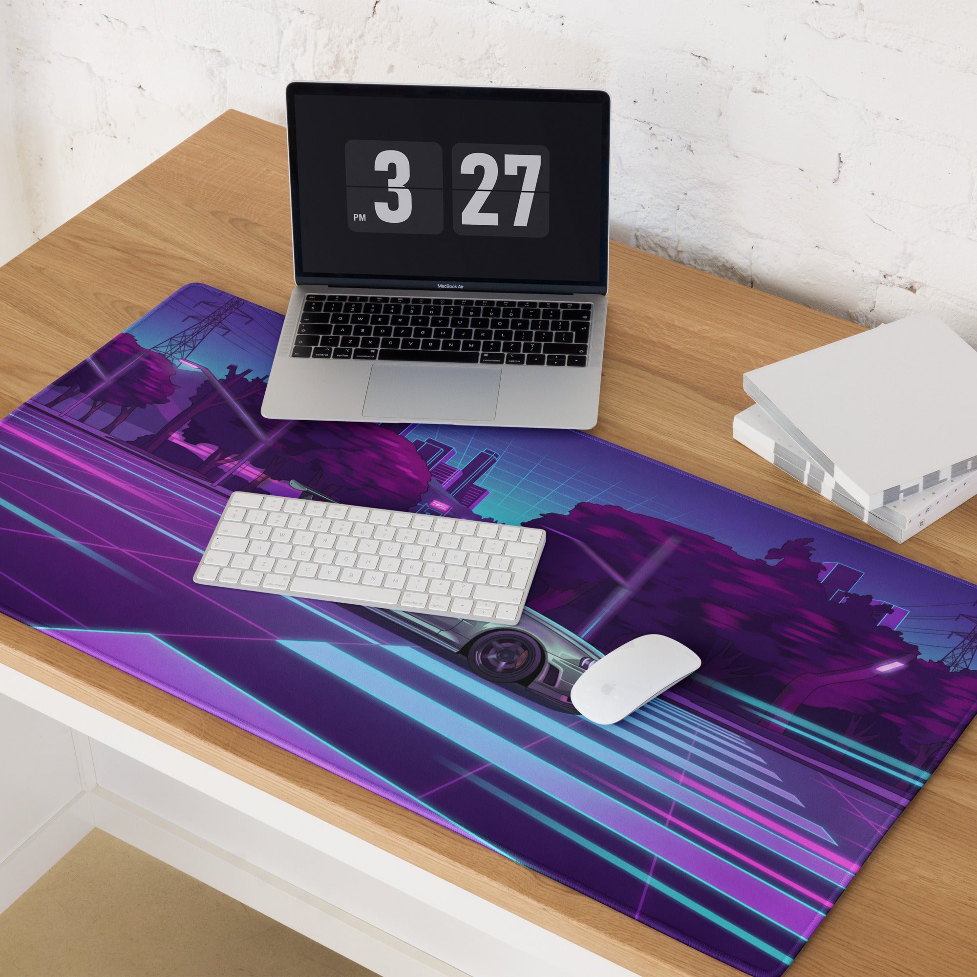Nissan Skyline GT-R R34 Inspired Silver Purple Vaporwave Gaming Mouse Pad, Neon JDM Sports Car Desk Mat with Retro Futuristic City Grid Artwork