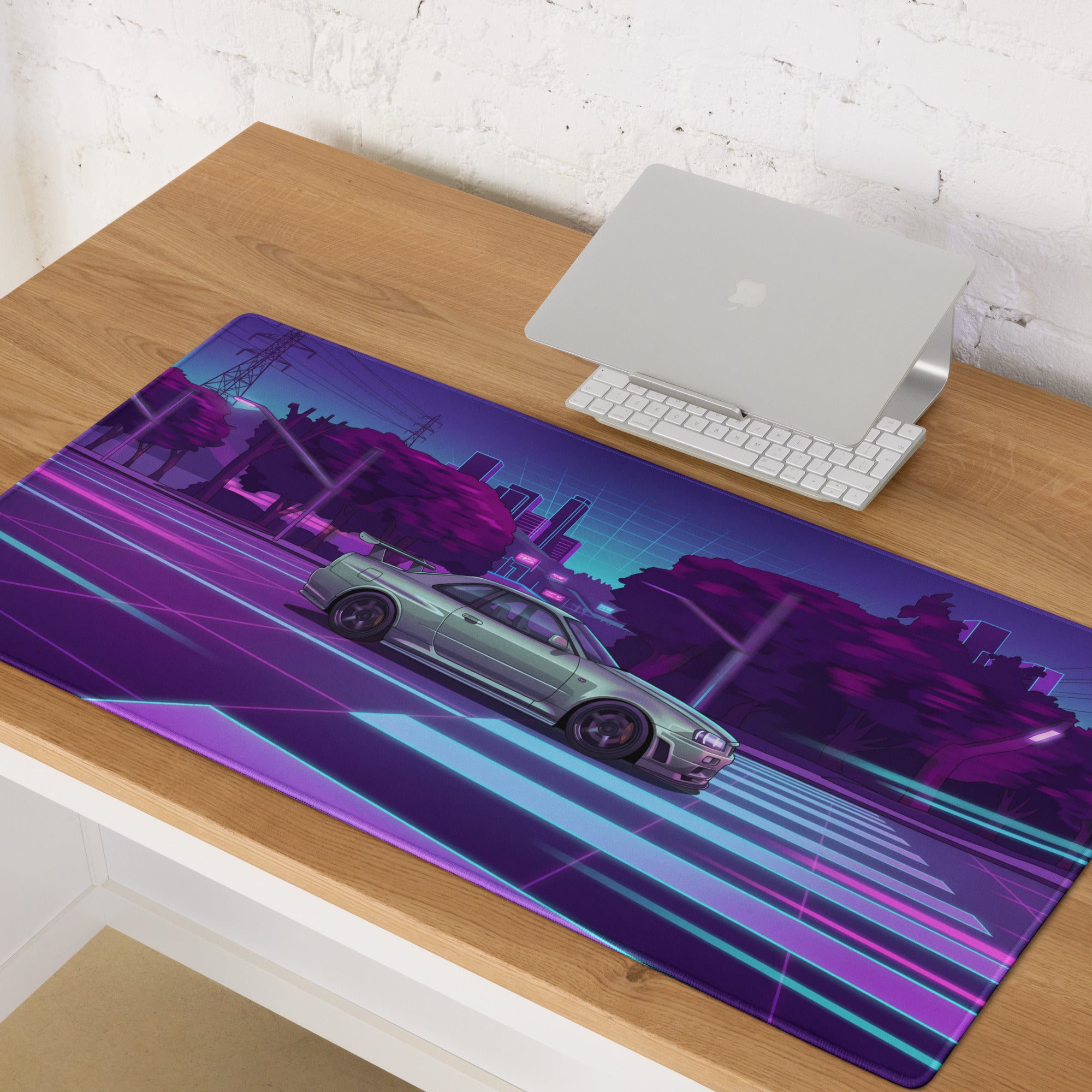 Nissan Skyline GT-R R34 Inspired Silver Purple Vaporwave Gaming Mouse Pad, Neon JDM Sports Car Desk Mat with Retro Futuristic City Grid Artwork