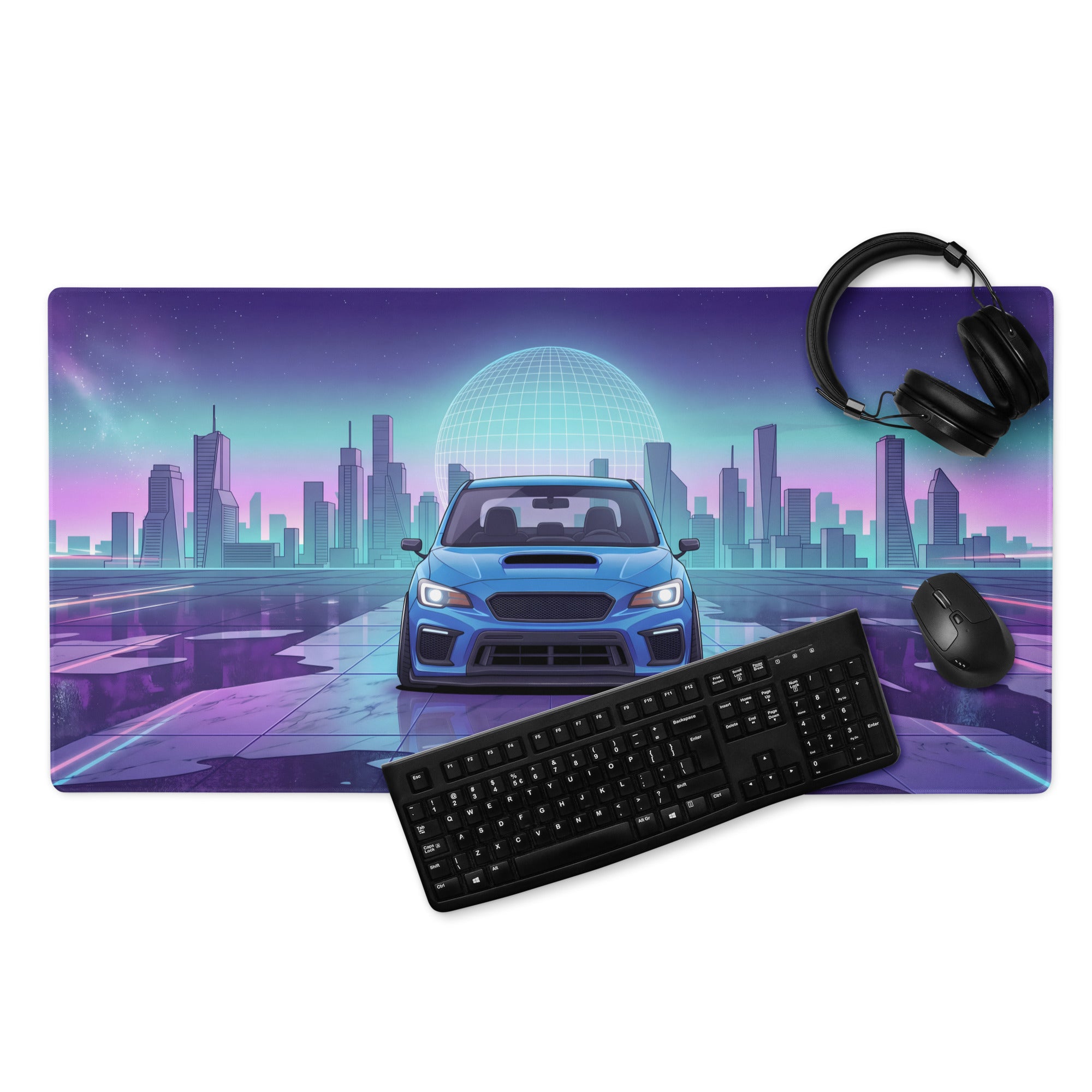 Subaru WRX STI VA Inspired Blue Purple Vaporwave Gaming Mouse Pad, Neon JDM Rally Car Desk Mat with Retro Futuristic City Reflection Artwork