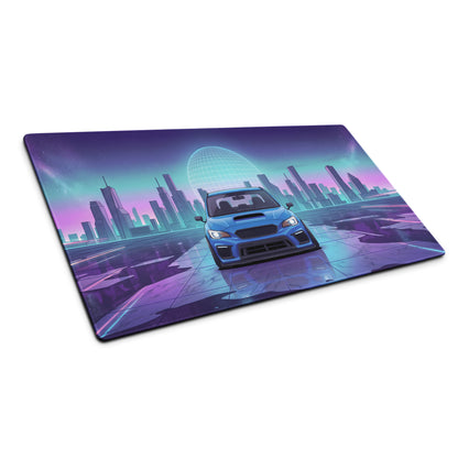 Subaru WRX STI VA Inspired Blue Purple Vaporwave Gaming Mouse Pad, Neon JDM Rally Car Desk Mat with Retro Futuristic City Reflection Artwork