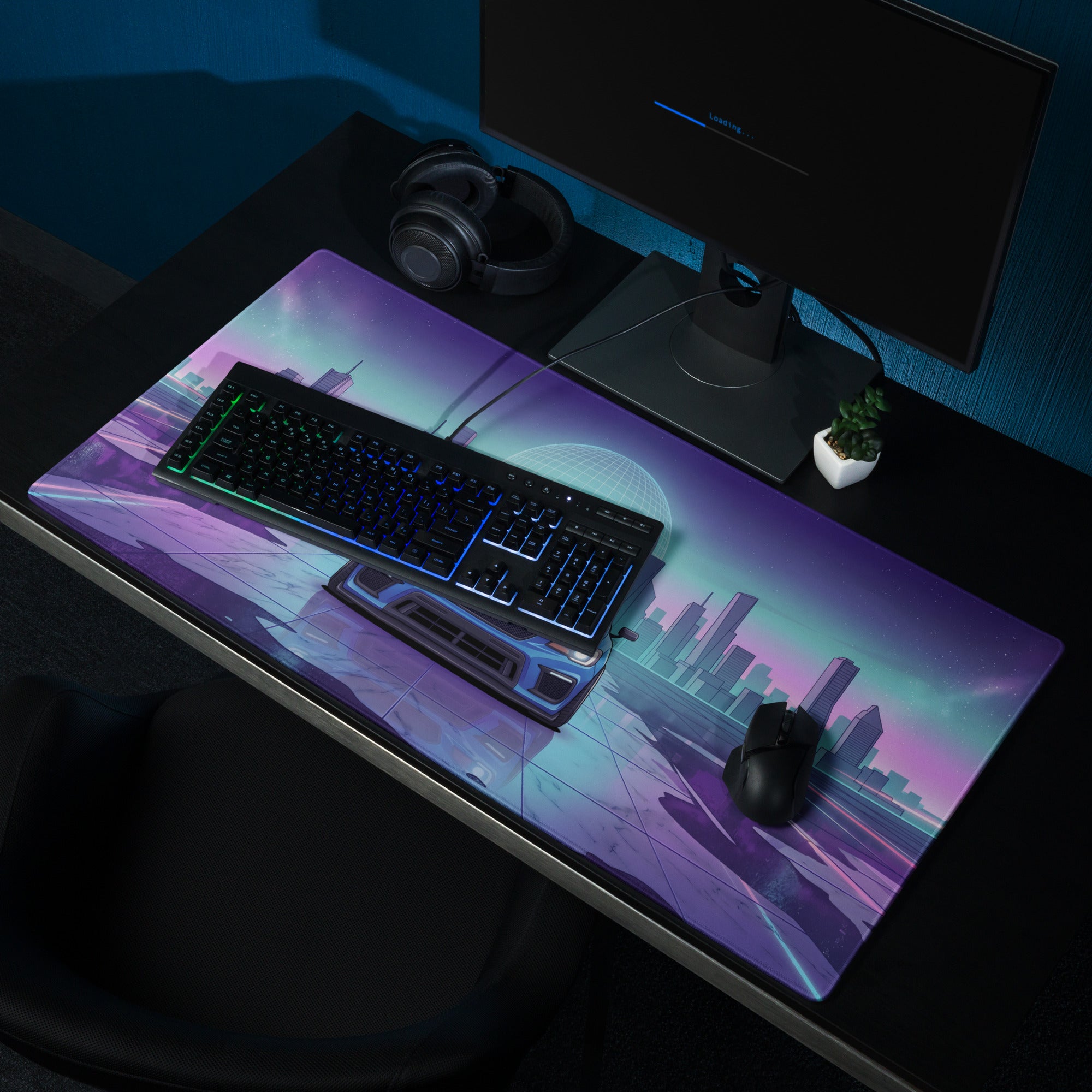 Subaru WRX STI VA Inspired Blue Purple Vaporwave Gaming Mouse Pad, Neon JDM Rally Car Desk Mat with Retro Futuristic City Reflection Artwork